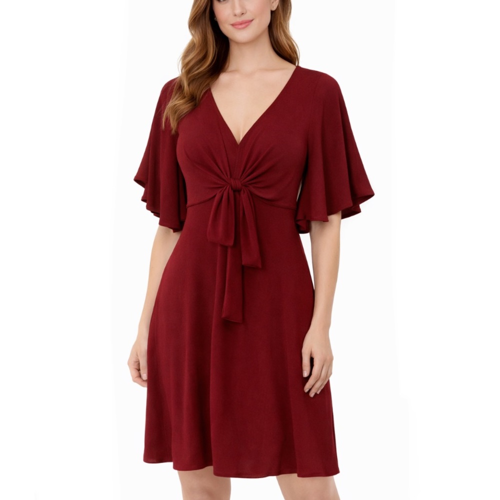 BCBGeneration Burgundy Flutter Sleeve Tie-Front Dress – Size Small